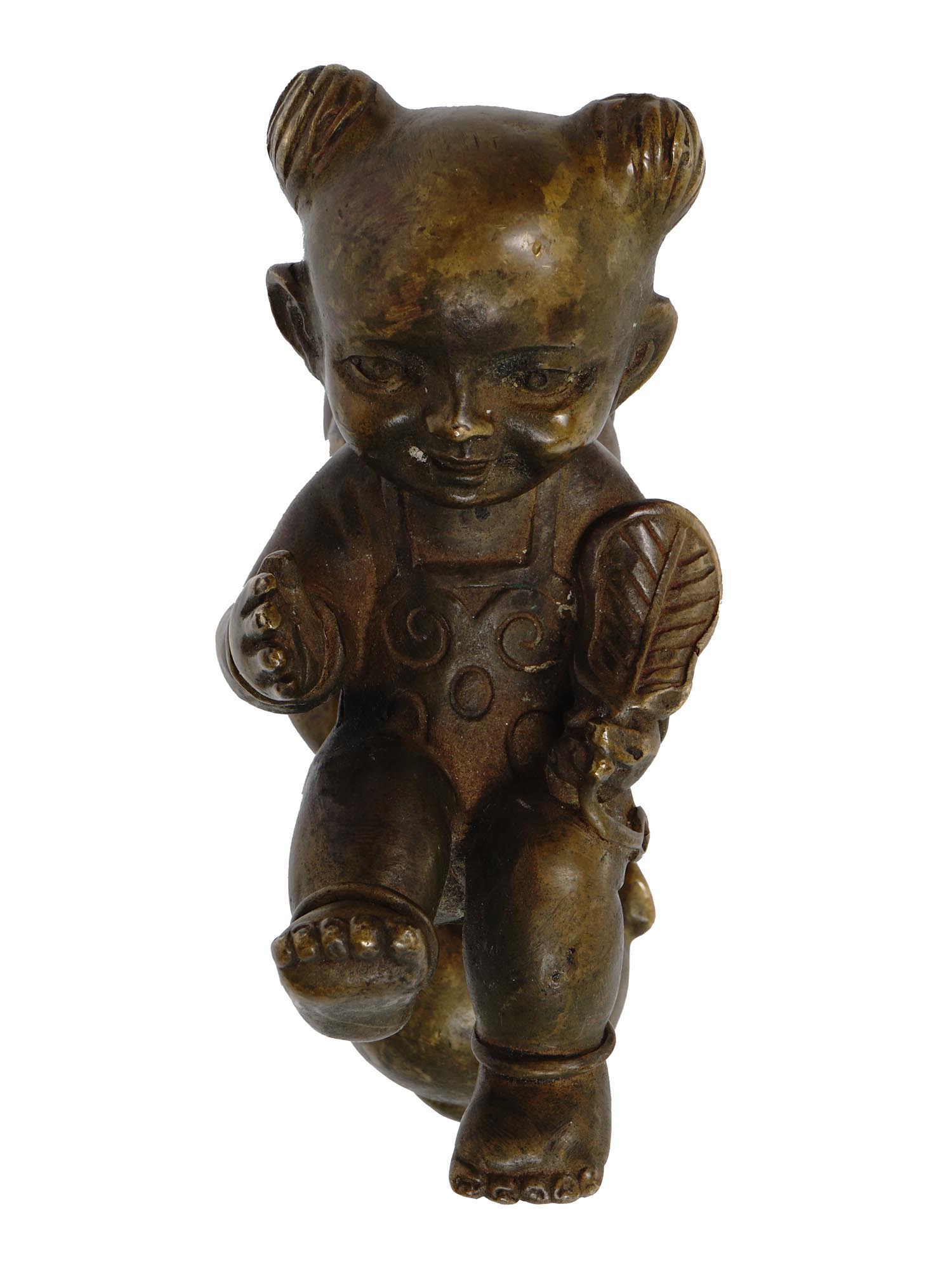 CHINESE TWO KIDS PATINATED BRASS AMULET FIGURINE PIC-4